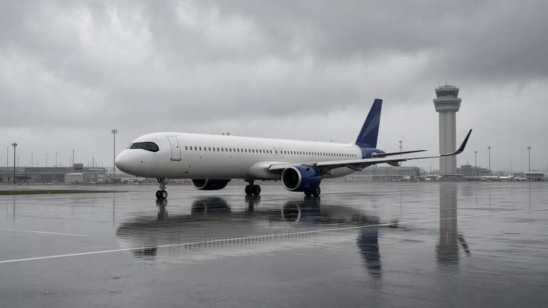 An IndiGo Airbus A321neo taxiing on a wet runway at Kempegowda International Airport with monsoon clouds and the air traffic control tower in the background