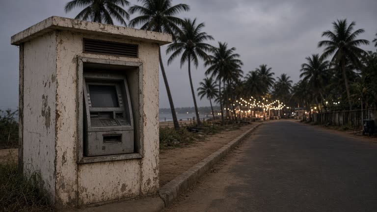 Beach-road ATM kiosk in Goa at dusk with palm trees and wedding venue lights in the distance, humid air, worn paint on the machine, no readable screen text or bank logos