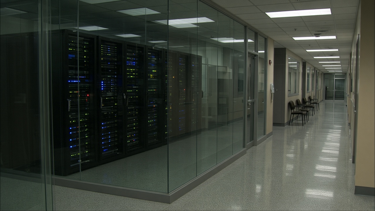 Government office corridor with glass-walled server room and blinking rack lights, fluorescent lighting, no logos or readable text