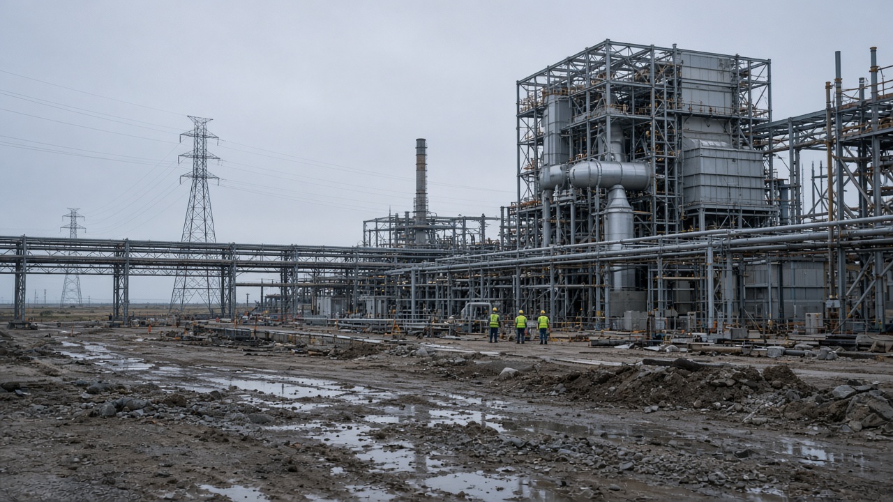 A wide photoreal view of a gas-fired power plant under construction on a flat Texas coastal plain at dawn, steel pipes and transmission towers, engineers in hard hats in the distance, no logos or readable text.