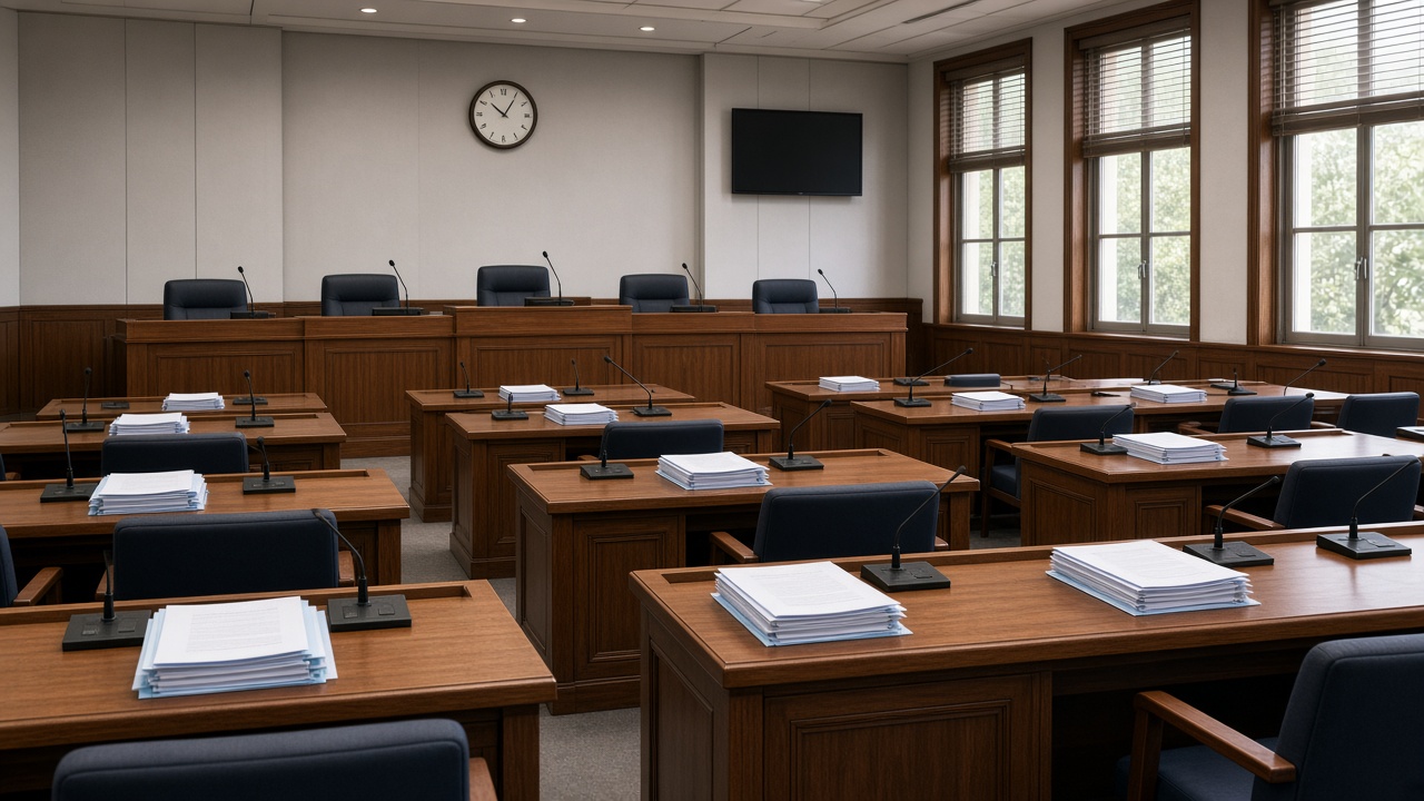A wide photoreal view of an empty Legislative Yuan committee room in Taipei at midday, rows of wooden desks with small microphones and stacked budget folders, a plain wall clock above the dais, soft daylight through tall windows, no people, no logos or readable text