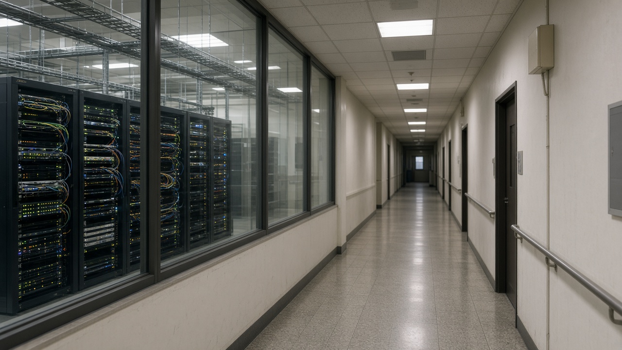 Government office corridor in Tokyo with glass-walled server room visible, blinking rack LEDs and cable trays, fluorescent ceiling panels, no logos or readable text