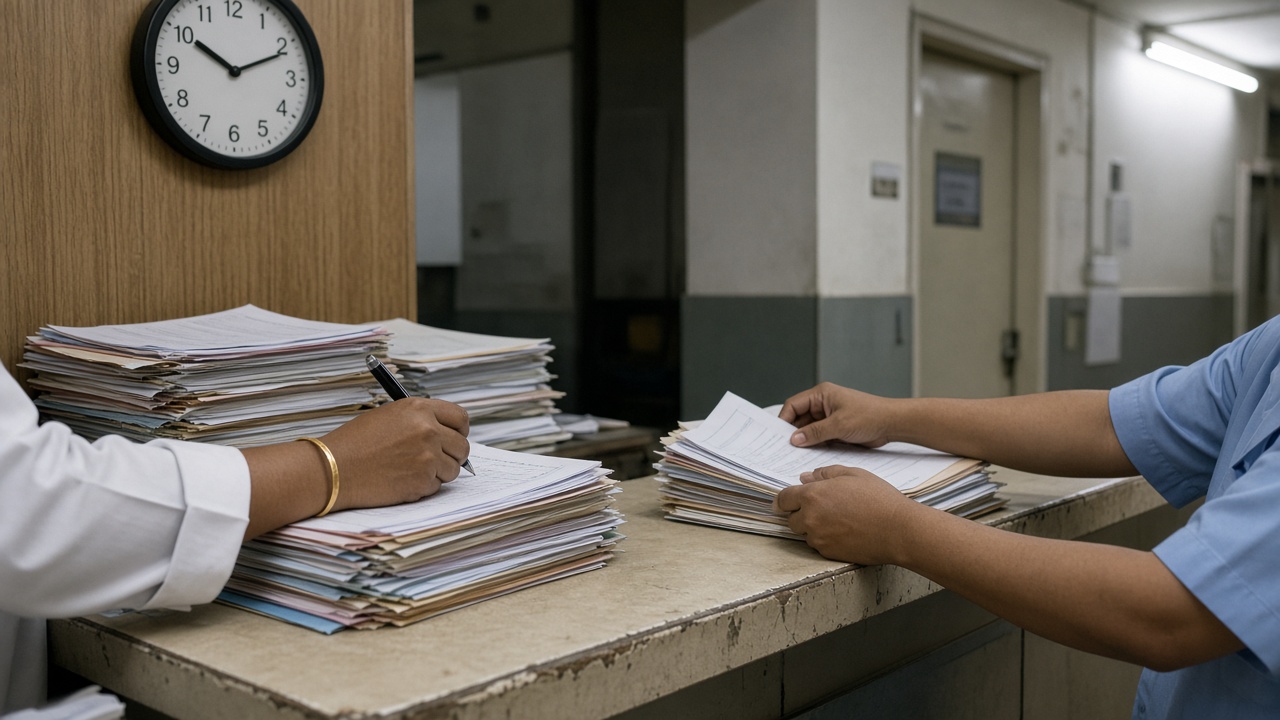 Hospital insurance help desk with stacked patient files and a wall clock, fluorescent corridor light, staff hands only, no logos or readable text