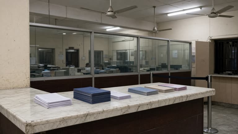 Indian bank branch counter with credit cards and pamphlets stacked face-down on marble surface, ceiling fans and queue rope, no logos or readable text