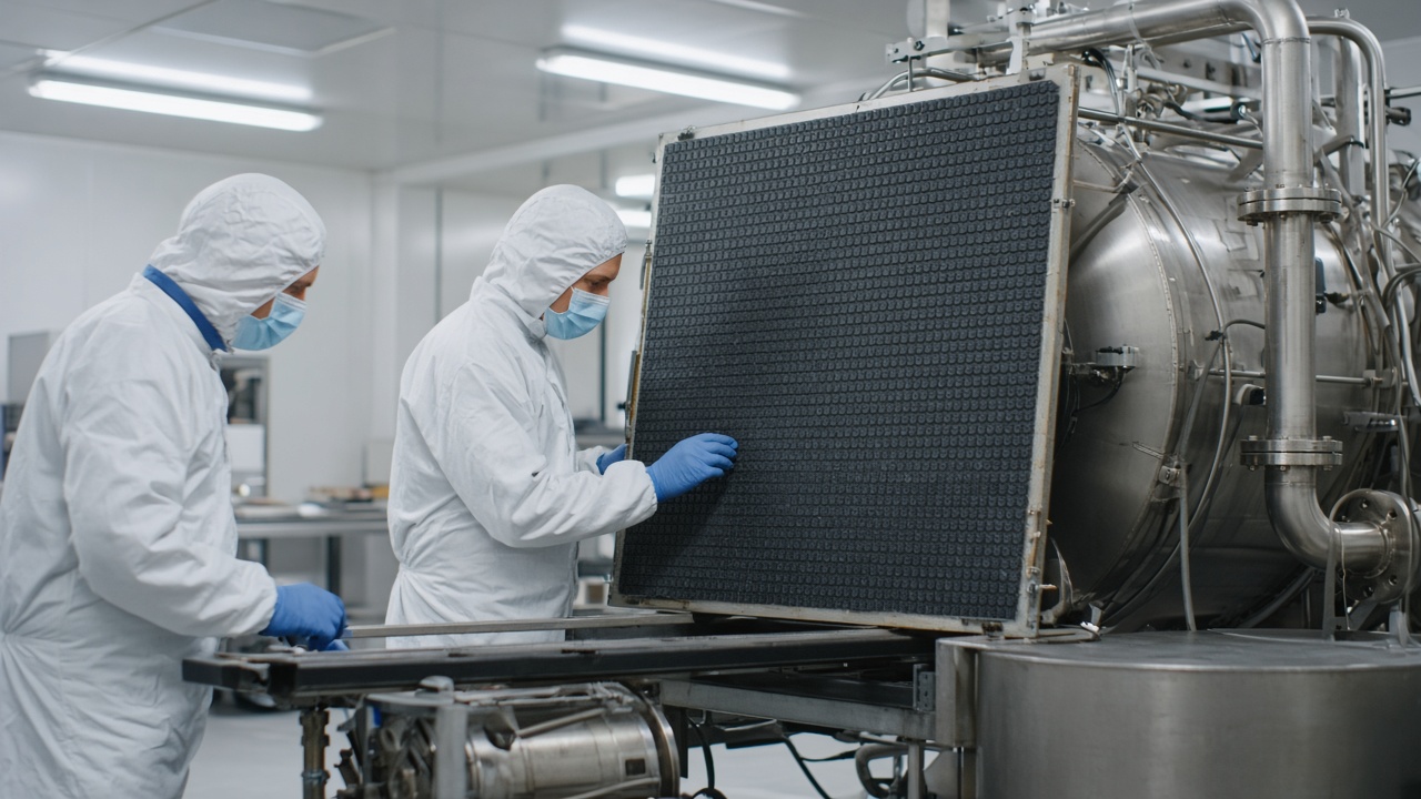 Engineers in clean-room coveralls inspect a scaled lander thermal panel beside silver vacuum chamber piping, cool fluorescent light, no mission patches or readable labels