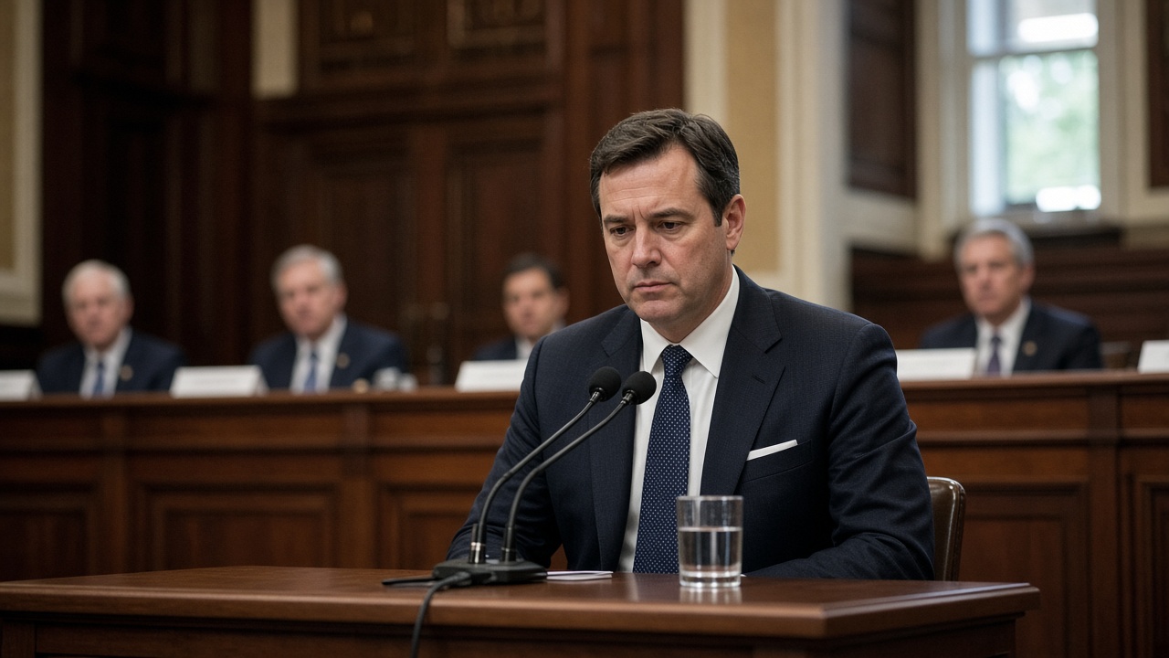 Former special counsel Jack Smith sits at a witness table before the Senate Judiciary Committee, microphones and name placards in front, senators and staff seated behind him.