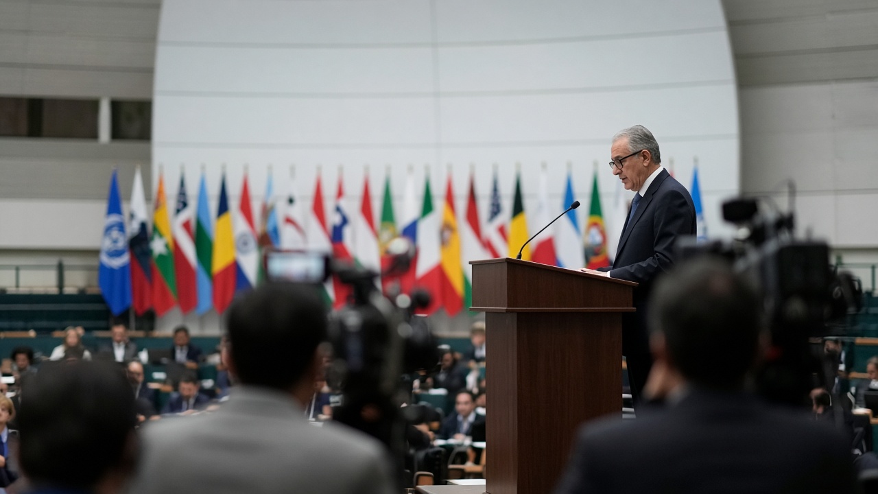 India's external affairs minister at a UN General Assembly lectern, seen from the press gallery with national flags blurred in the background and overhead lights casting flat fluorescent light on dark wood paneling.