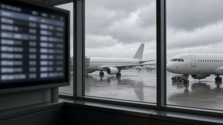 Rain-streaked airport terminal window overlooking parked narrow-body jets on a wet apron under gray clouds, blurred departure board without readable text, no logos