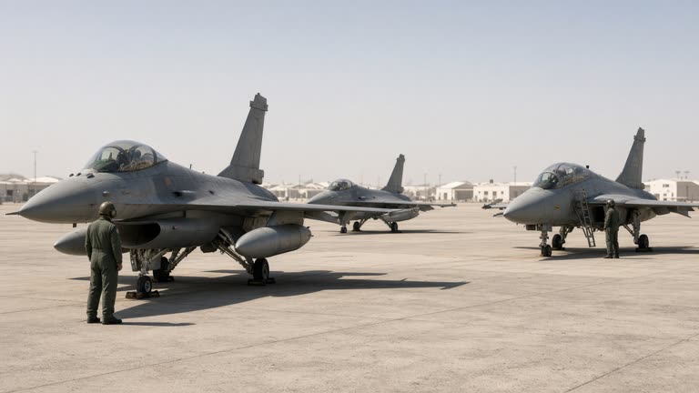 Two grey fighter jets and a twin-seat trainer on a sunlit Rajasthan airfield apron, ground crew in coveralls near wheel chocks, distant hangars and haze, no readable insignia or tail numbers