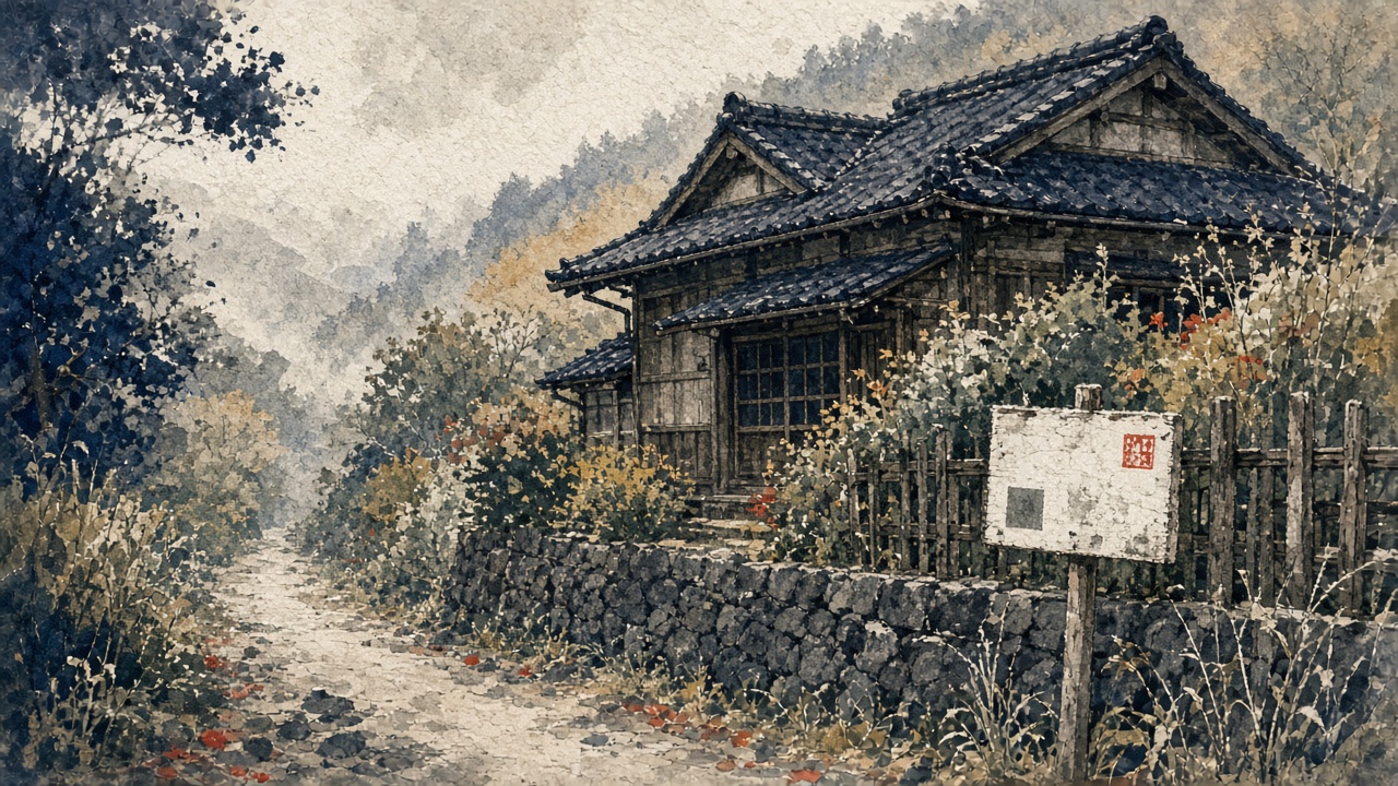 Small wooden house on a hillside road with a simple vacant-home registration sign by the gate