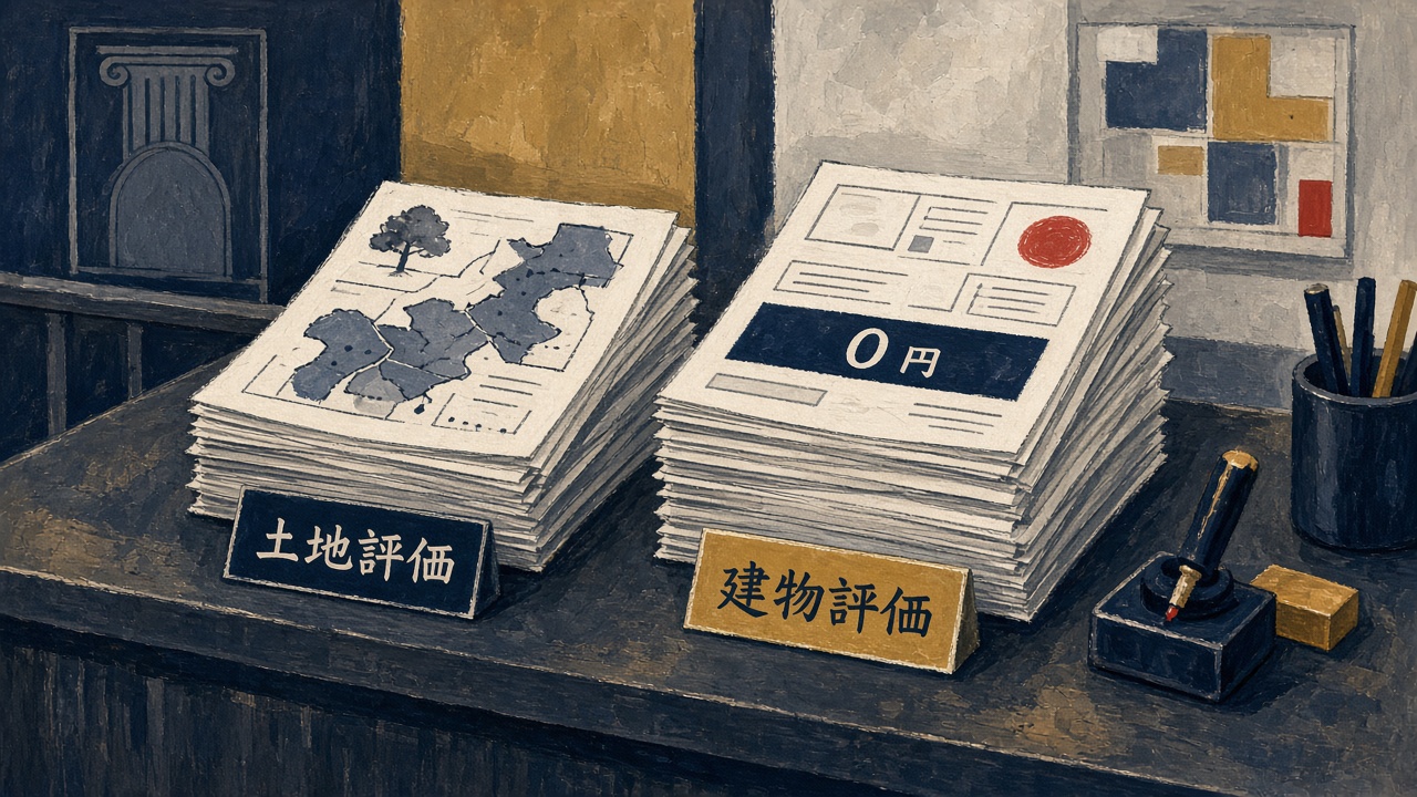 Bank desk with two paper stacks labeled for land value and building value set to zero