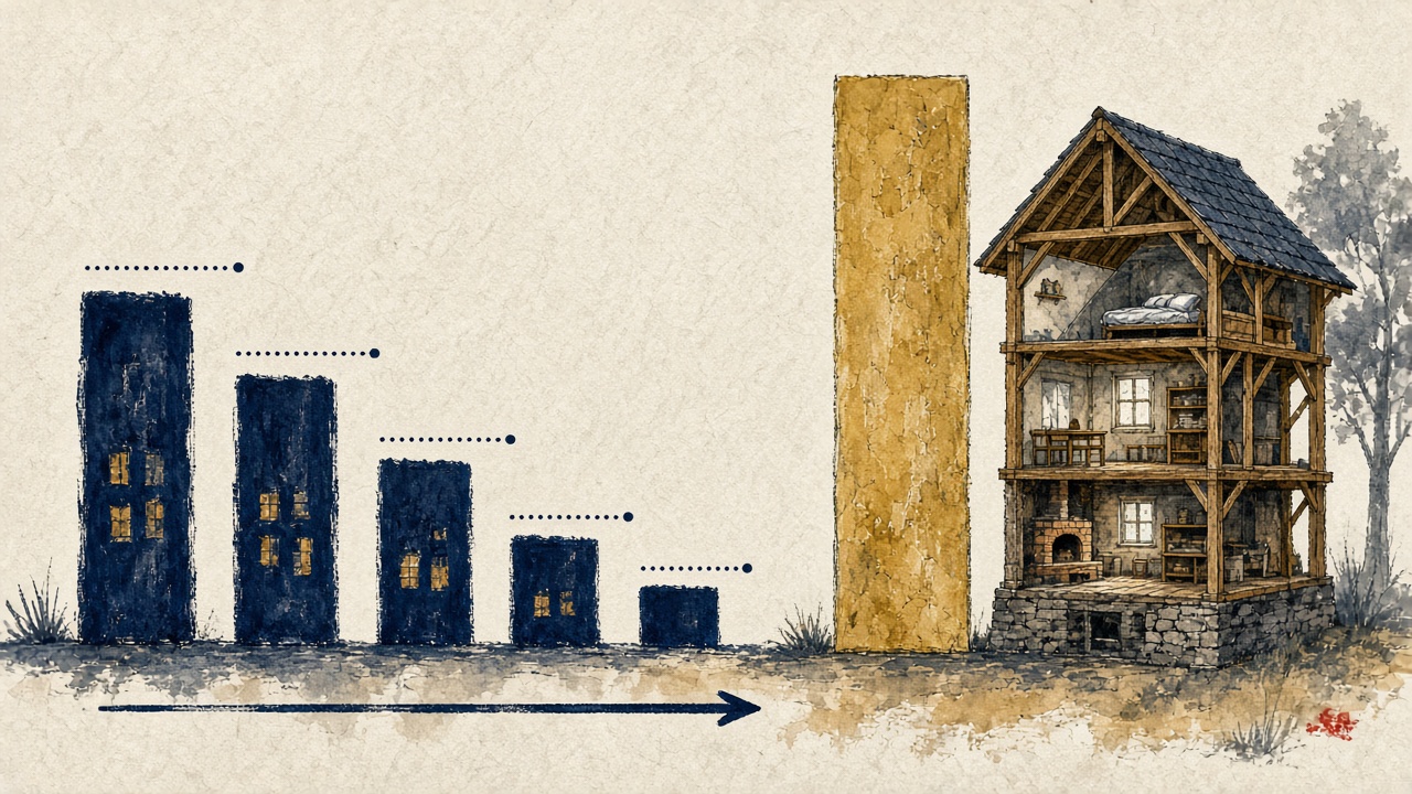Diagram of building value bars shrinking over time while a land value bar stays full