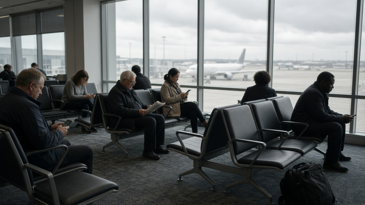 Travelers wait in a modest airport lounge seating area with muted carpet and floor-to-ceiling windows to the tarmac, cloudy daylight, no logos or readable text.