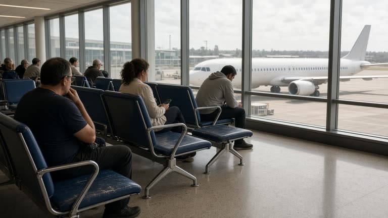 Gold Coast airport departure gate with travellers seated on worn blue chairs, afternoon sun through tall windows, parked narrow-body jet visible through glass, no logos or readable text