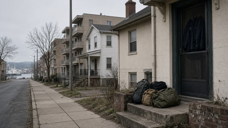 Quiet residential street near a naval port with low apartment blocks, folded travel bags on a doorstep, overcast morning light, uniform jackets hanging inside a screen door, no logos or readable text