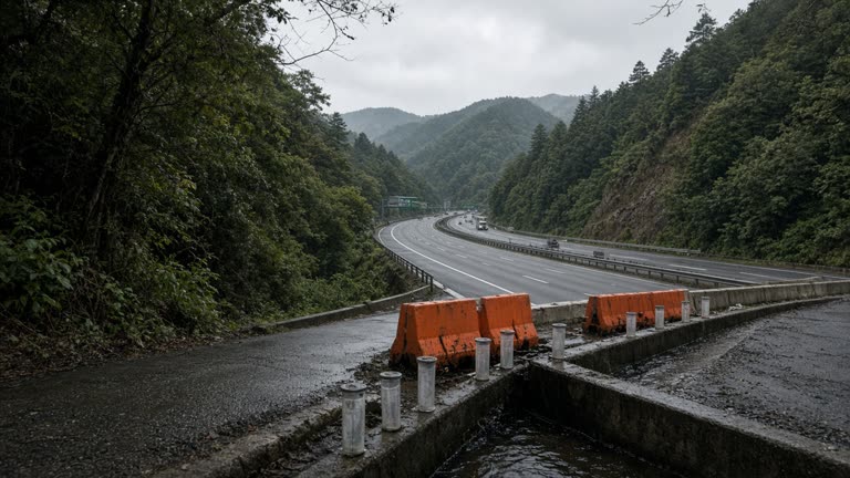 Forest hillside above a Japanese highway corridor with plastic rain gauges and orange road barriers at a drainage ditch, grey overcast sky, wet asphalt, no logos or readable text