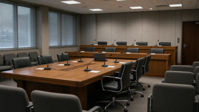 Photoreal interior of an empty Australian parliamentary committee room: long timber table, microphones at each seat, rows of grey gallery chairs, a closed laptop at the head of the table, cool overhead lighting, blinds half-drawn, no logos or readable text.