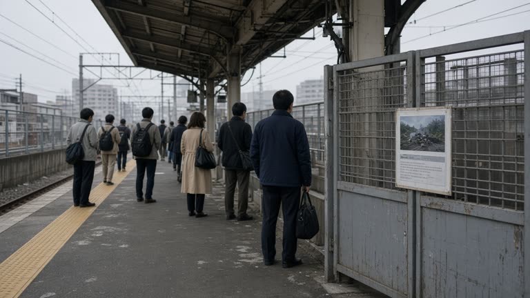 Empty JR East station platform in Chiba with a closed gate and typhoon damage notice, morning commuters waiting with bags