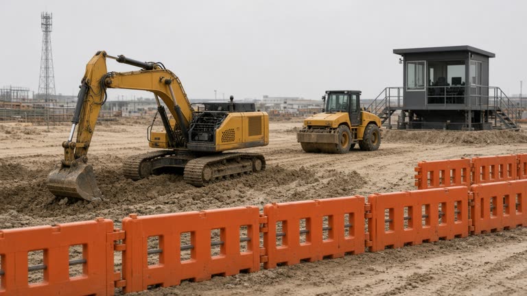 Photorealistic wide shot of a sandy construction test yard in Singapore with autonomous excavators and a compactor moving earth behind orange safety barriers, a remote operator visible in a nearby control cabin, overcast daylight, no logos or readable text.