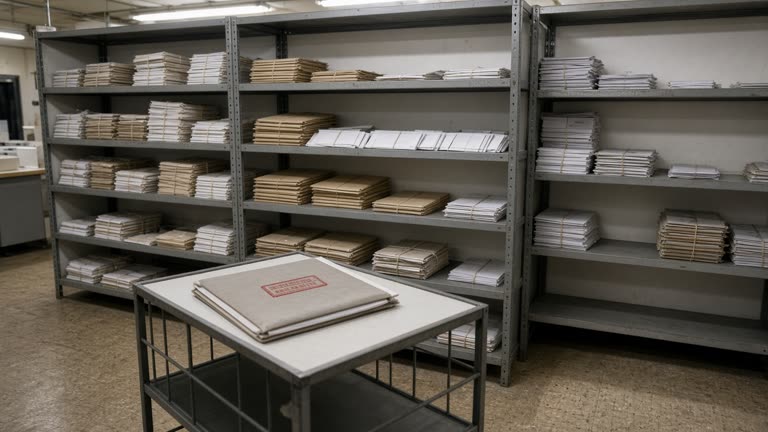 Government mailroom steel sorting shelves with stacked envelopes and a rubber-stamped folder on a metal cart, overhead fluorescent tubes, worn linoleum floor, no logos or readable text
