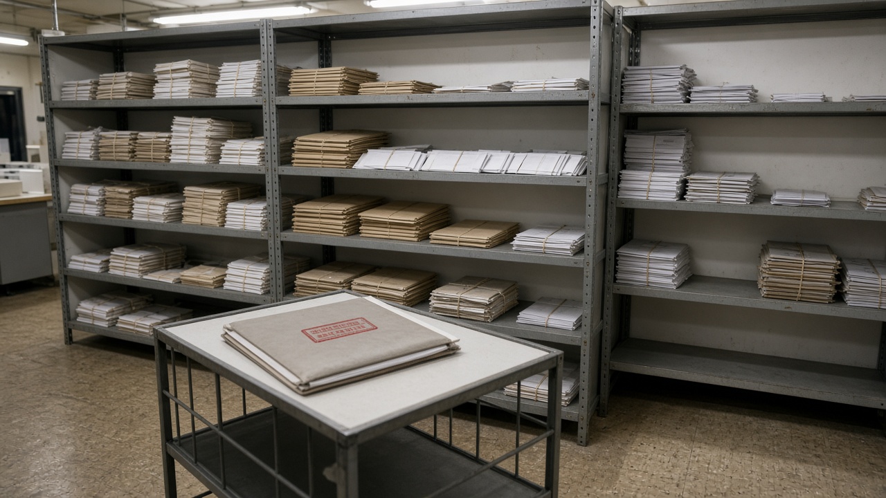 Government mailroom steel sorting shelves with stacked envelopes and a rubber-stamped folder on a metal cart, overhead fluorescent tubes, worn linoleum floor, no logos or readable text