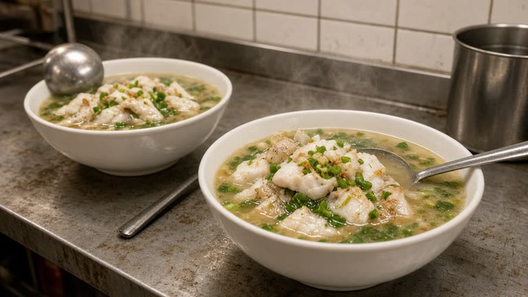 Steaming bowls of Cantonese fish soup on a worn hawker counter with metal ladles and tiled wall, warm fluorescent light, no faces, no logos or readable text