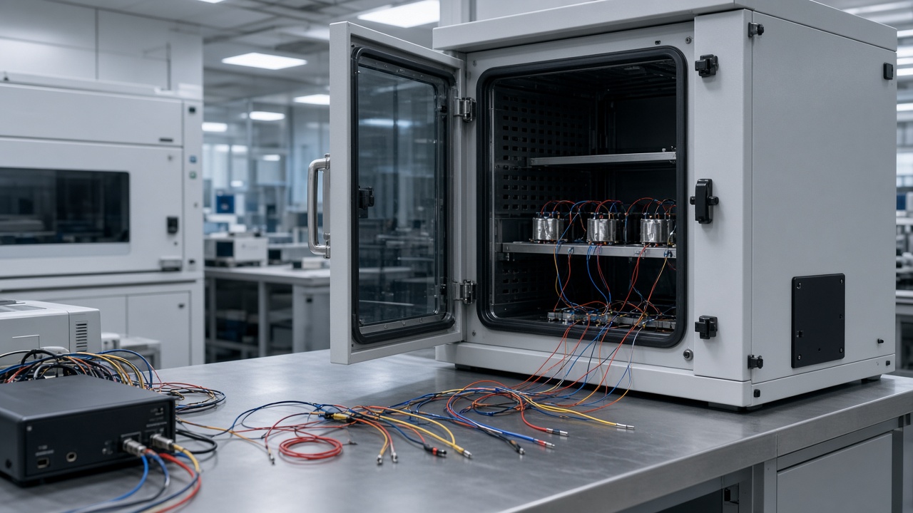University battery lab with a sealed test chamber, thermocouple wires and monitoring equipment on a metal bench, cool white lighting, no logos or readable text