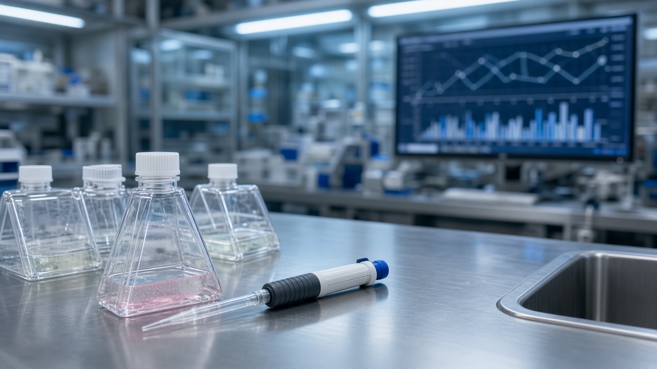 Bioengineering lab bench with cell culture flasks and pipette rack under cool fluorescent light, monitor showing blurred network graph, stainless steel surfaces, no logos or readable text