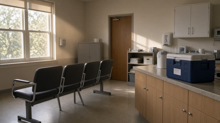 School nurse room with vaccine cooler on a counter, chairs lined up, afternoon light through windows, no readable posters