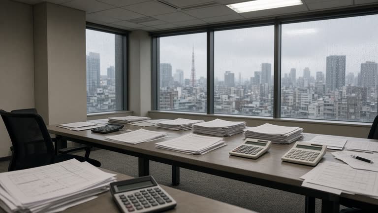 Office conference room with paper wage tables and calculators on a long table, rainy Tokyo skyline through windows, fluorescent ceiling light, no logos or readable text