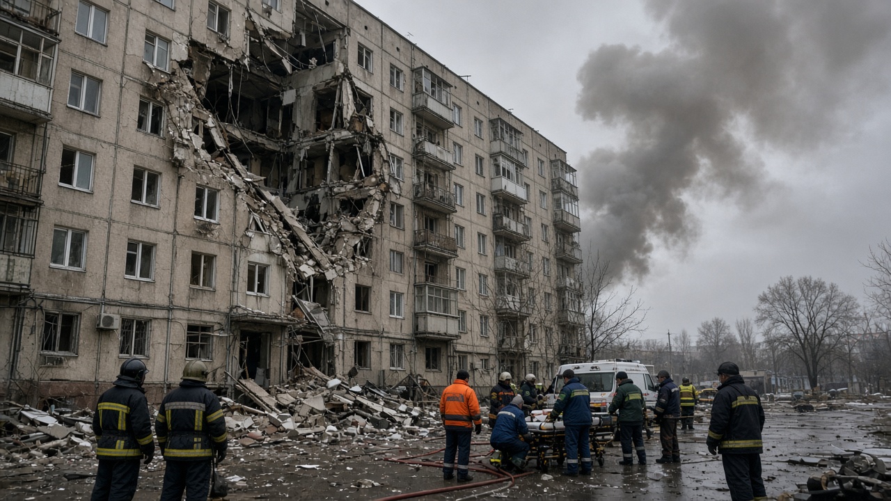 Firefighters and medics work beside a damaged mid-rise apartment building in Kharkiv after an overnight aerial bomb strike, with smoke rising against a grey dawn sky.