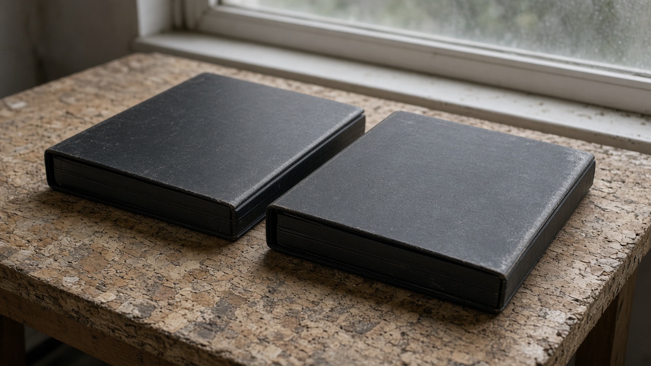 Two closed blank black ring binders on their sides on a wood table, overcast window light, no people, no logos, no readable text