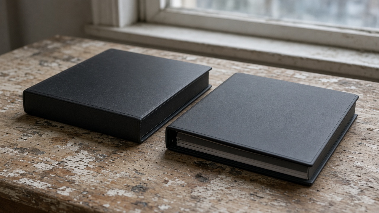 Close-up of closed blank black binders stacked on a wood table, overcast window light, no people, no logos, no readable text
