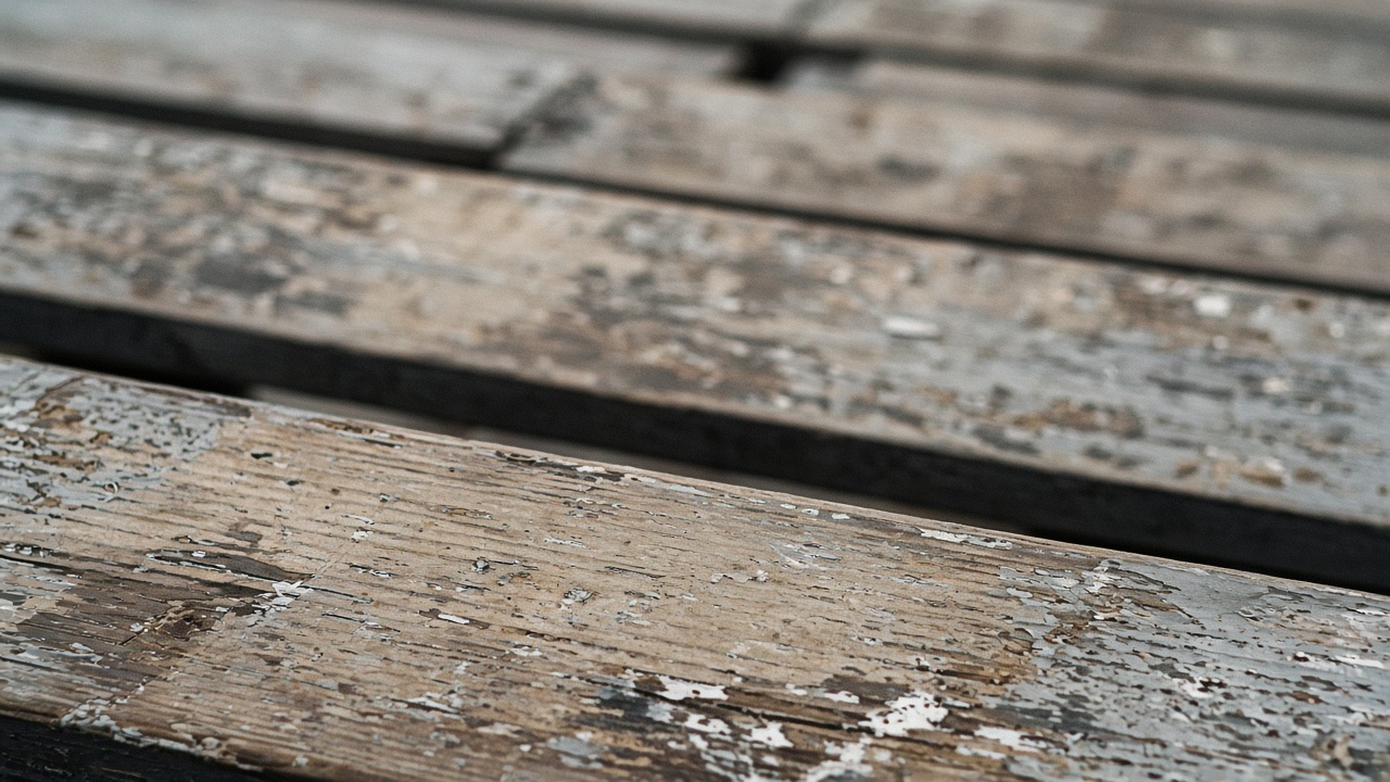 Empty scuffed wooden bleacher plank in overcast daylight, no people, no logos, no readable text