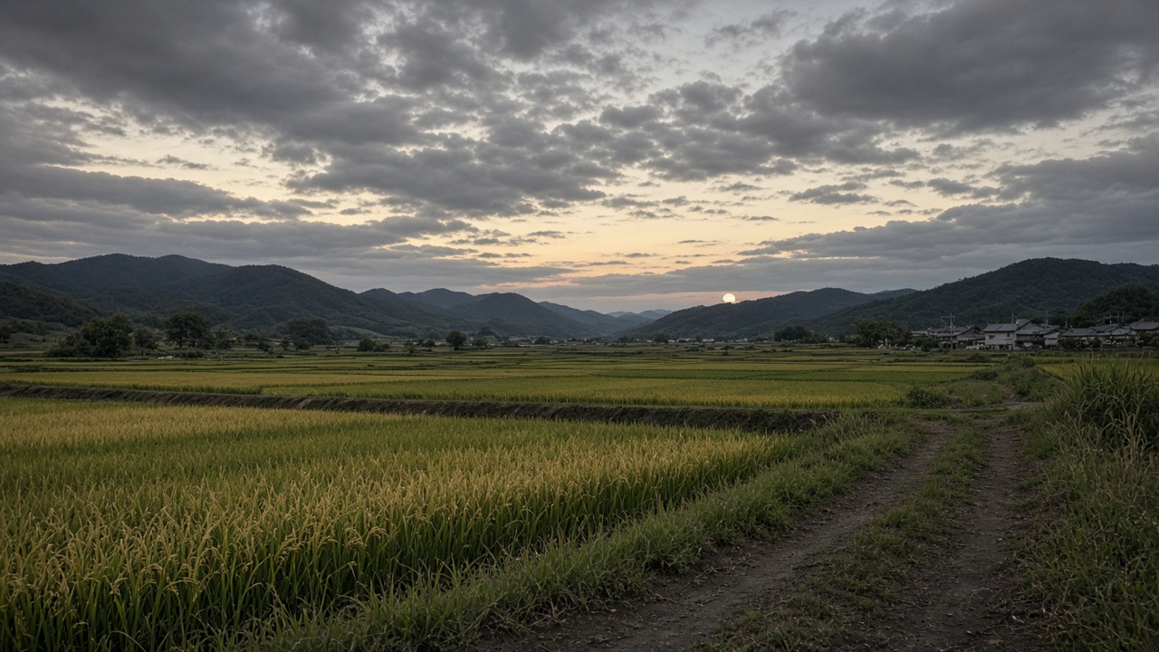 Rural Jeolla rice fields at dusk with bright moonrise on horizon, scattered clouds, distant hills, soft natural light, no logos or readable text