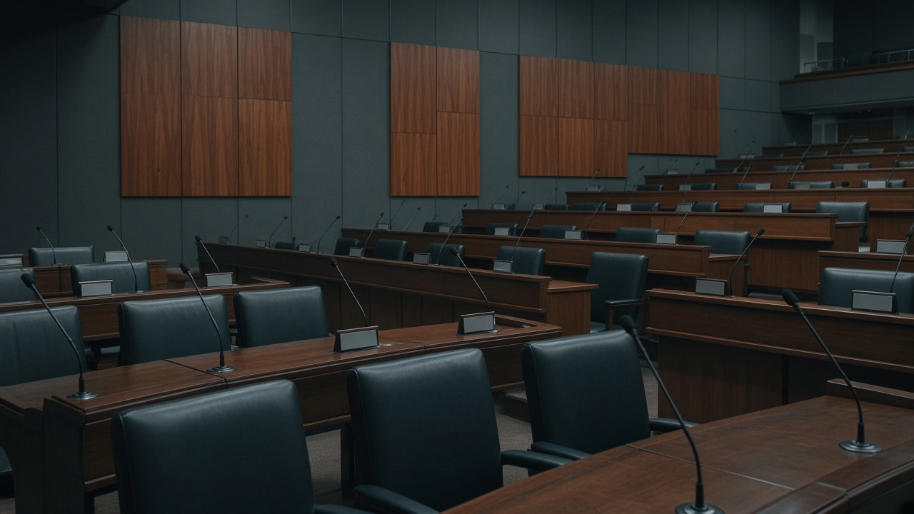 Legislative Yuan chamber empty benches with microphones and name plates turned away, cold fluorescent lighting on wood-paneled desks, no logos or readable text
