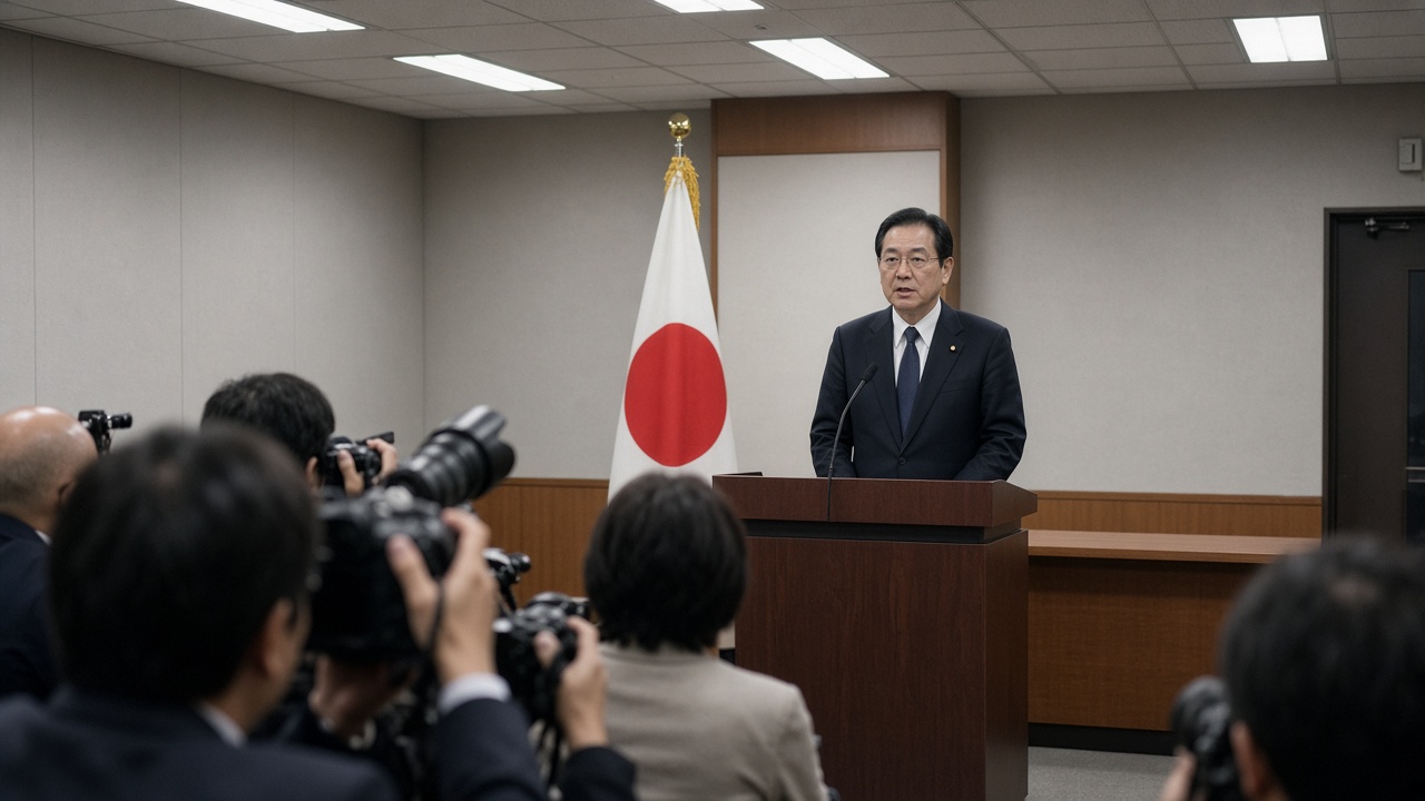 Japan defence ministry press briefing room, minister at podium with national flag, photographers in foreground, flat fluorescent light, wire-service documentary photo
