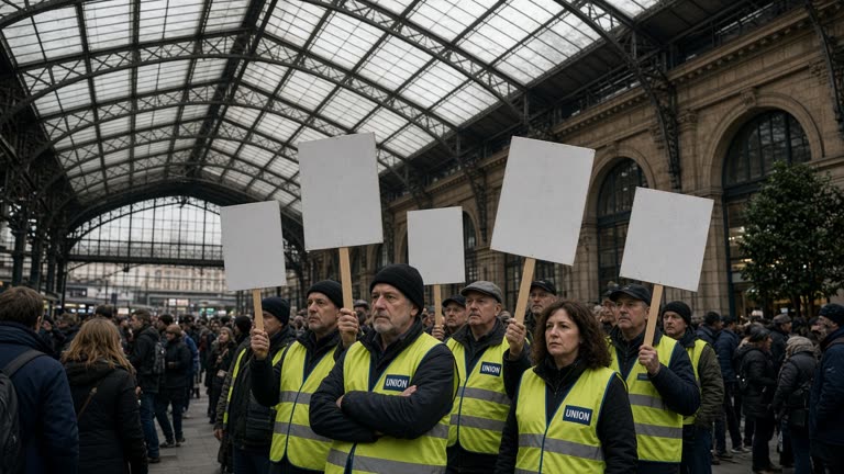 Union members in vests gathered under the glass canopy outside a major railway station, handheld signs raised, overcast afternoon, commuters passing at the edge of the frame, no readable text on banners.