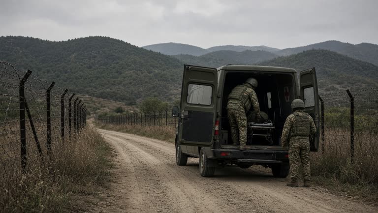 Dusty DMZ service road with barbed-wire fences on both sides, olive-drab ambulance parked with rear doors open and medics in helmets, overcast hills in background, no readable markings