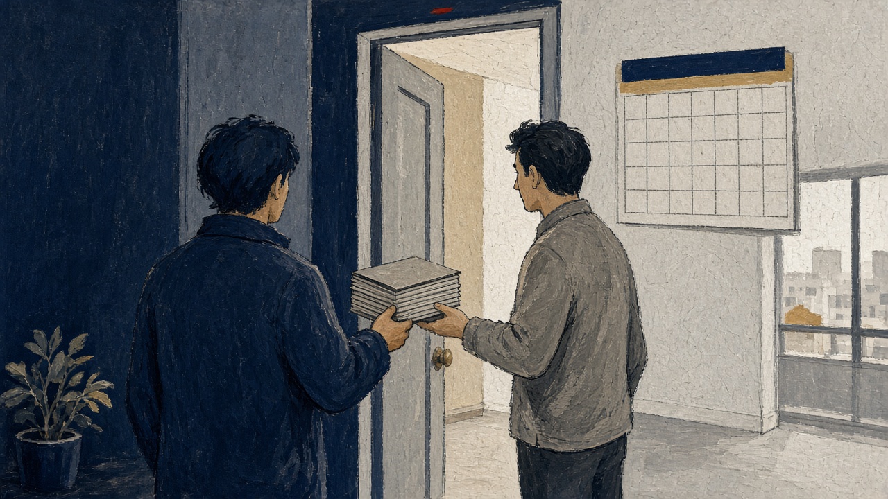Tenant figure transferring a large deposit stack to a landlord while a monthly rent calendar on the desk stays empty