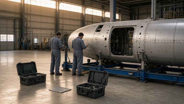 Photoreal scene inside a clean aerospace subassembly hangar at dawn in an industrial park, two engineers in plain coveralls inspecting a bare metal fuselage section on a fixture, open tooling cases on the polished floor, warm light through high clerestory windows, no logos or readable text