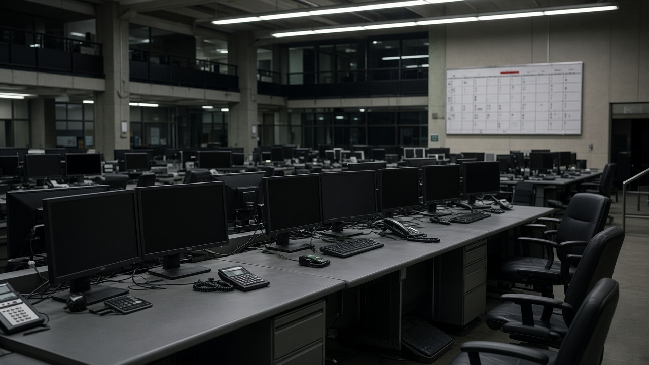 Empty stock exchange dealing room with dark monitor rows and a wall calendar showing a holiday closure, cool fluorescent light, no logos or readable text