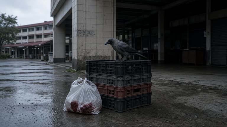 Pre-dawn exterior of a heartland Singapore food court beside a neighbourhood mall, stacked plastic delivery crates and a white plastic bag of raw meat on wet pavement near a loading bay, a single grey crow perched on the crate edge, overcast early-morning light, photoreal documentary style, no logos or readable text