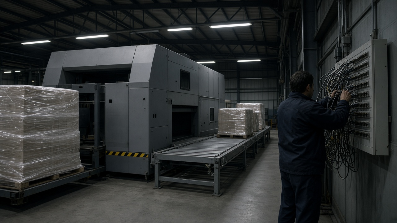 Large cargo screening machine in a dim airport freight hall with conveyor belt and stacked shrink-wrapped pallets, technician at a fibre patch panel under cool fluorescent light, no logos or readable text