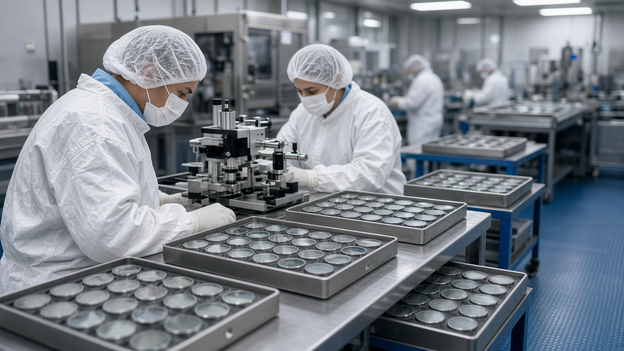 Technicians in clean-room gowns inspecting polished smartphone camera lens elements on a brightly lit optical assembly line with glass blanks on trays, stainless equipment and blue anti-static flooring, no logos or readable text