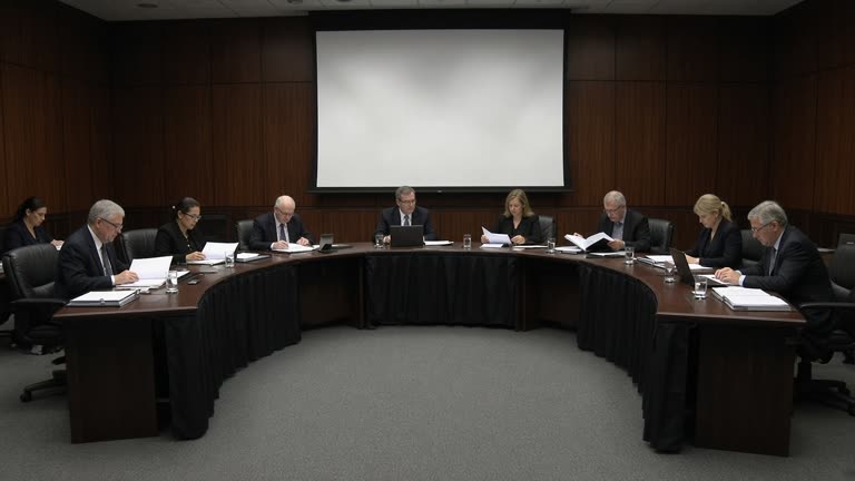 Defense committee members seated at a U-shaped table with binders and laptops, a large blank projection screen behind them, formal chamber lighting, no logos or readable text on documents