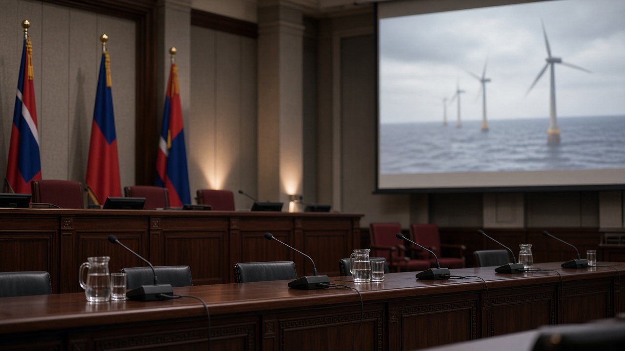 Legislative hearing room with microphones and a blurred offshore wind chart on a projection screen
