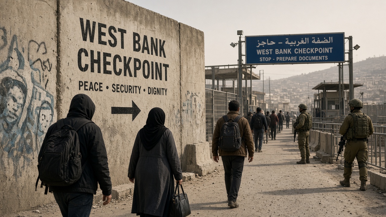 West Bank highway checkpoint with concrete barriers and armored military vehicles under overcast light, damaged sedan off the roadway, soldiers with backs to camera, documentary wire photo, slight underexposure, no readable faces or license plates