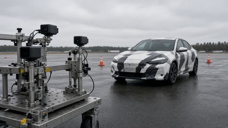 Automotive camera modules on a calibration rig beside a white electric test mule in an outdoor proving ground, overcast sky, wet asphalt and cone markers, no logos or readable text