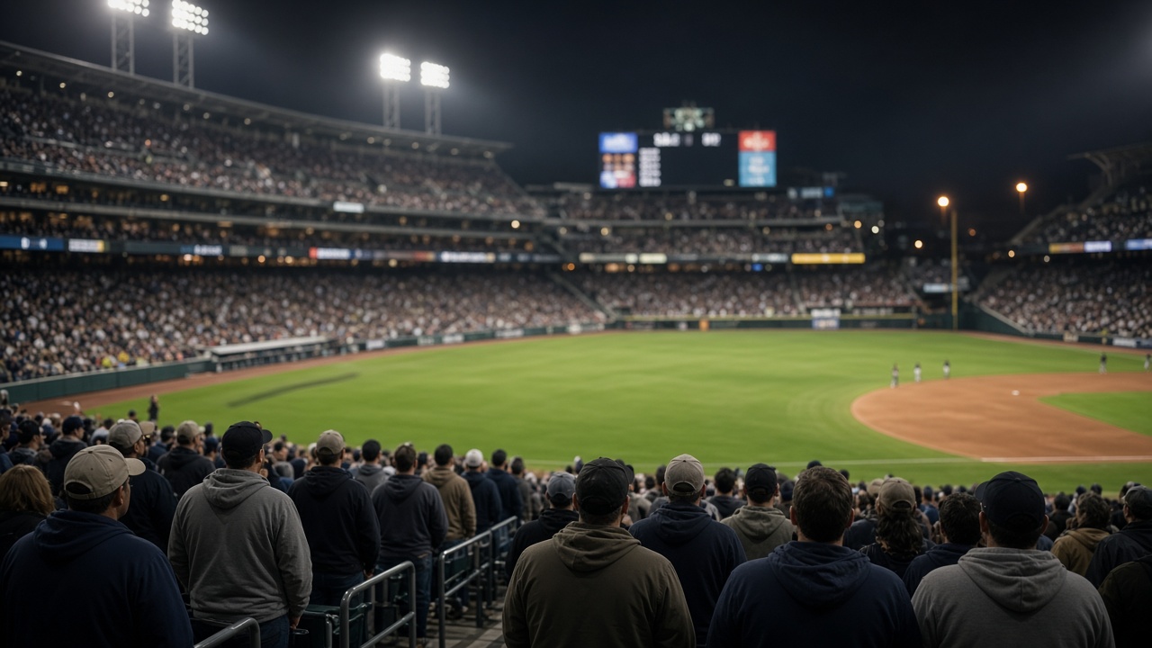Outdoor baseball stadium at night under floodlights with fans in neutral clothing rising in the stands, infield dirt and outfield grass, scoreboard lights blurred without readable text, no logos